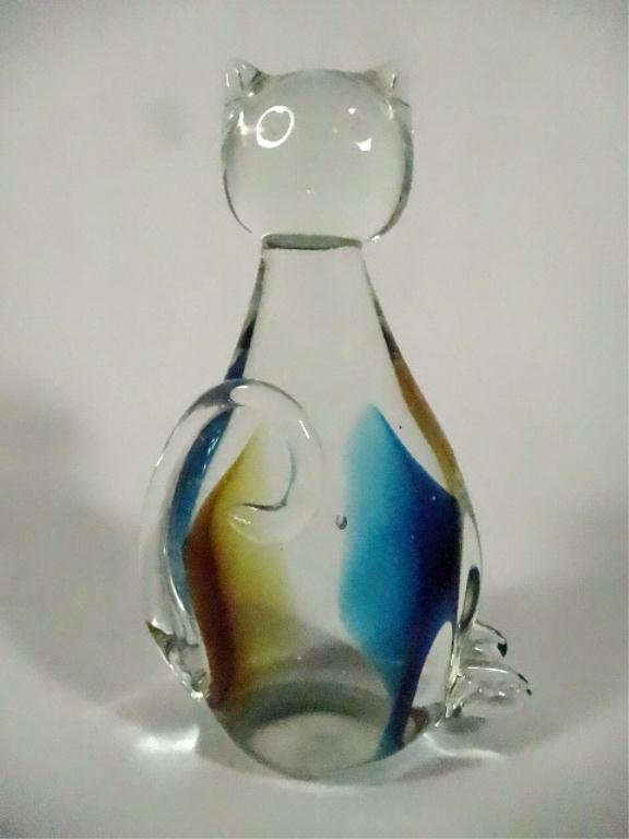 MURANO STYLE ART GLASS CAT, BLUE, AMBER & CLEAR, APPROX: MURANO STYLE ART GLASS CAT, BLUE, AMBER & CLEAR, APPROX 6.25"H, SKU539