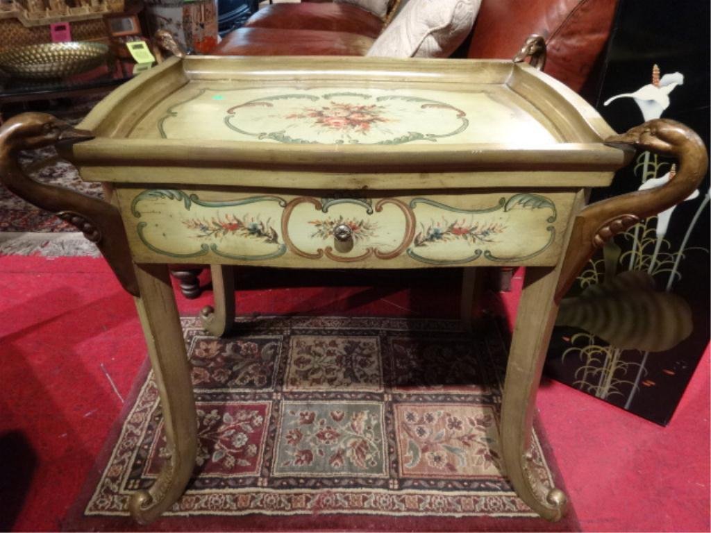SWAN's HEAD MOTIF TABLE, PAINTED FLORAL TOP AND PANELS,: SWAN's HEAD MOTIF TABLE, PAINTED FLORAL TOP AND PANELS, APPROX 28"H X 22"W X 16"D, SKU9000