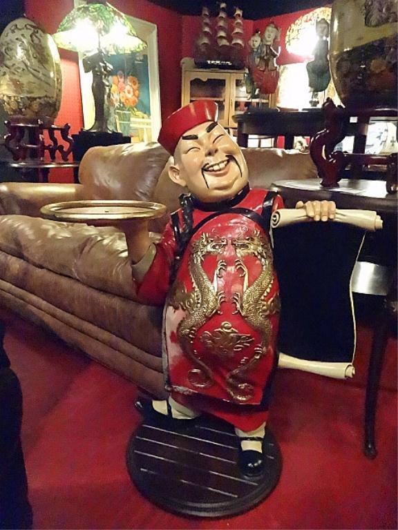 CHINESE BUTLER/WAITER SERVER TABLE, HOLDING MENU: CHINESE BUTLER/WAITER SERVER TABLE, HOLDING MENU SCROLL, PAINTED RESIN, APPROX 3'H
