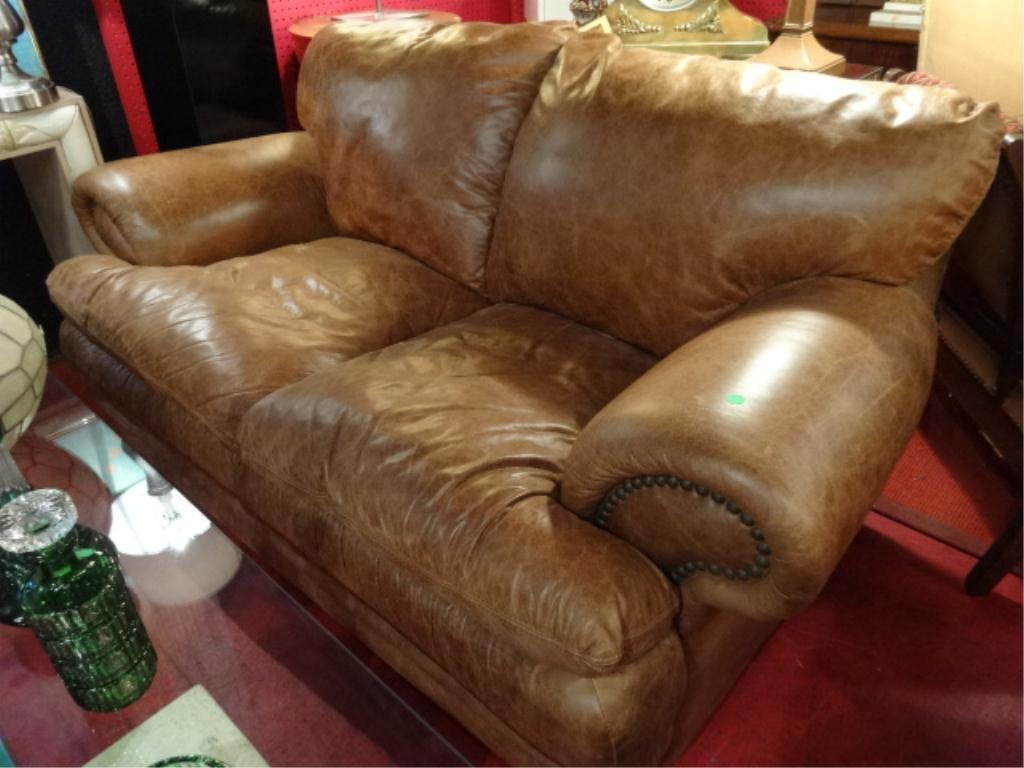 DECORA LEATHER LOVESEAT, NAILHEAD TRIM, ROLL ARMS,: DECORA LEATHER LOVESEAT, NAILHEAD TRIM, ROLL ARMS, LIGHTLY DISTRESSED CIGAR LEATHER, SKU9000