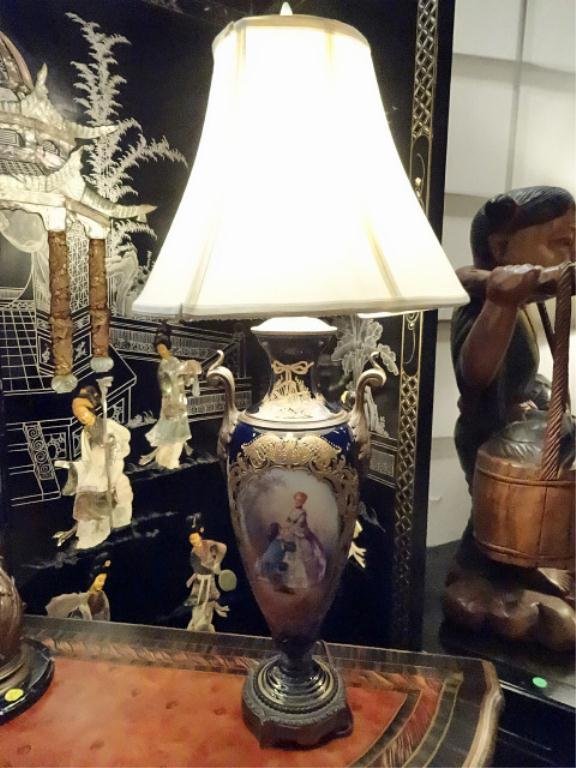 19TH C. SEVRES HAND PAINTED PORCELAIN & BRONZE LAMP,: 19TH C. SEVRES HAND PAINTED PORCELAIN & BRONZE LAMP, HANDPAINTED ROMANTIC SCENE SIGNED E. CARELLE, APPROX 22"H OVERALL, VASE IS 16.5"H