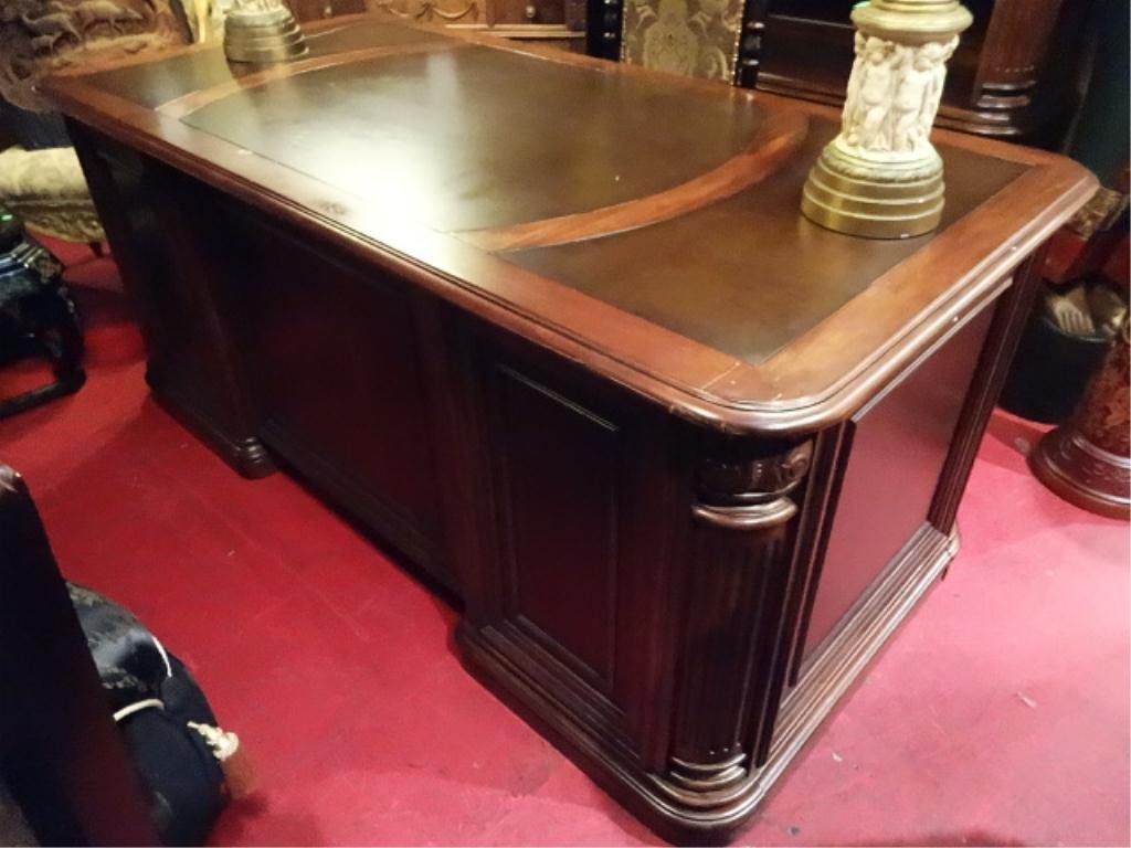 2 PC LEATHER TOP EXECUTIVE DESK AND FILE CABINET, DARK: 2 PC LEATHER TOP EXECUTIVE DESK AND FILE CABINET, DARK FINISH, CABINET DRAWERS CONTAIN LATERAL FILE FRAMES, MATCHING BOOKCASE SOLD SEPARATELY, OVERALL VERY GOOD CONDITION WITH SOME SCRATCHES,