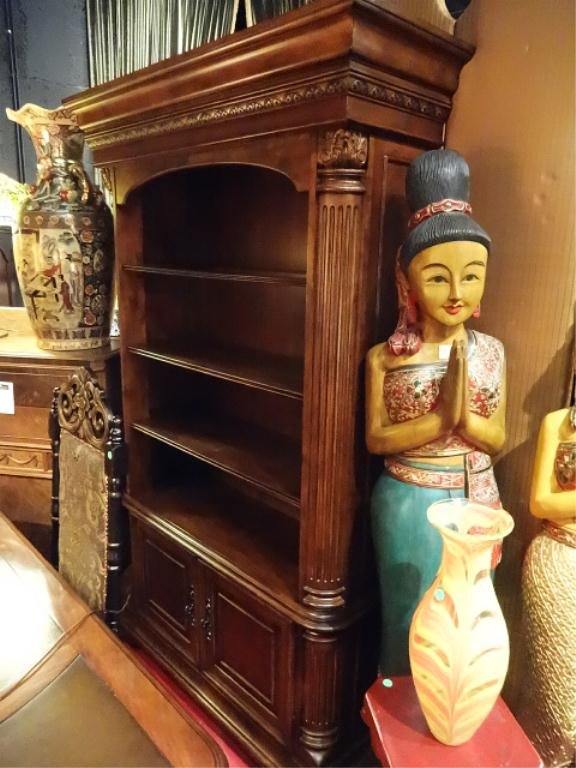 DARK FINISH BOOKCASE WITH LOWER CABINET, MATCHING DESK: DARK FINISH BOOKCASE WITH LOWER CABINET, MATCHING DESK AND FILE CABINET SOLD SEPARATELY, APPROX 7'H, X 4.5'W