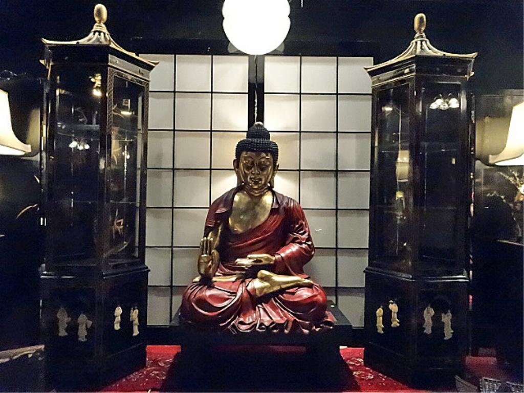LARGE THAI BUDDHA STATUE, SEATED IN LOTUS POSITION,: LARGE THAI BUDDHA STATUE, SEATED IN LOTUS POSITION, WITH HAND GESTURE FOR FEARLESSNESS, RED AND METALLIC GOLD FINISH RESIN, APPROX 4 FT TALL