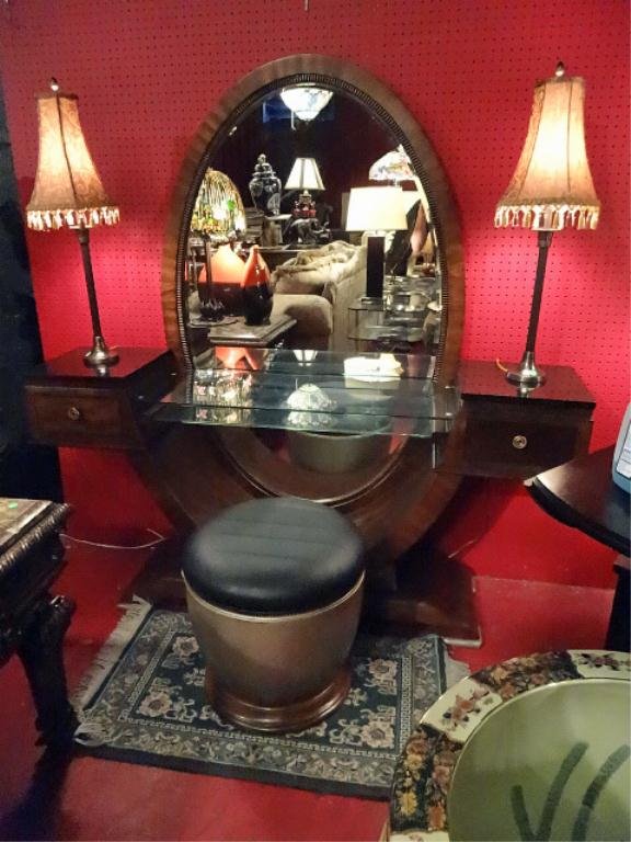 COLLEZIONE EUROPA VANITY/DRESSING TABLE, OVAL MIRROR,: COLLEZIONE EUROPA VANITY/DRESSING TABLE, OVAL MIRROR, MARBLE TOP TWIN DRAWERS, DUAL PANEL GLASS (TOP PANEL REMOVABLE), INCLUDES ROUND BENCH WITH STORAGE, APPROX 67.5"H X 66"W X 14"D