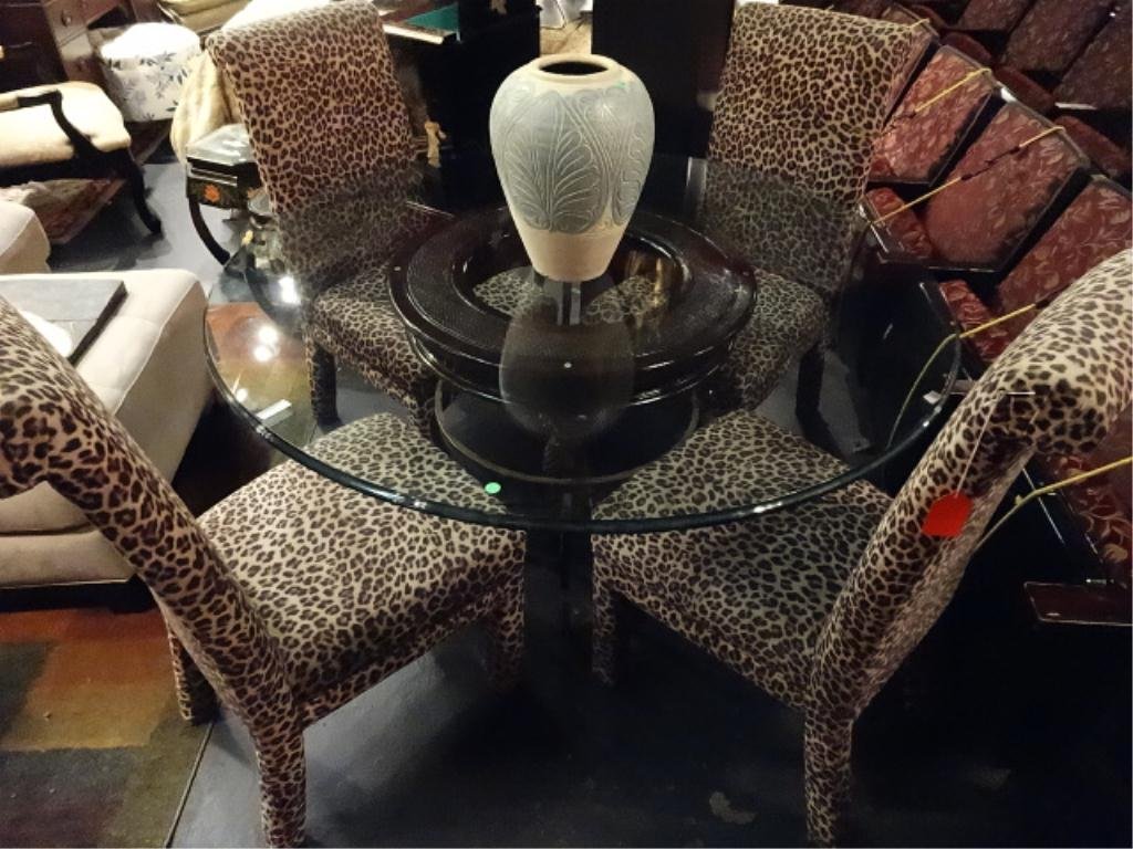 WOOD AND METAL DINING TABLE, WITH 4 CHEETAH PRINT: WOOD AND METAL DINING TABLE, WITH 4 CHEETAH PRINT CHAIRS, PINEAPPLE BASE WITH ROUND GLASS TOP