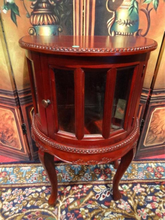 WOOD DEMI LUNE BAR TABLE, GLASS DOOR, BRASS PULL,: WOOD DEMI LUNE BAR TABLE, GLASS DOOR, BRASS PULL, APPROX 20"W X 28"H, SKU575.82
