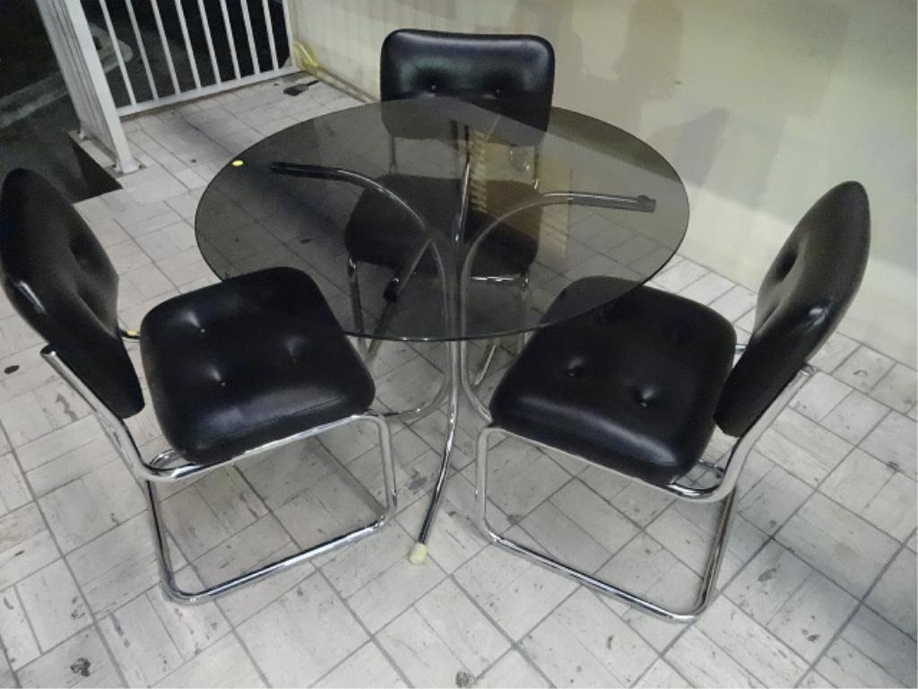 CONTEMPORARY TUBULAR CHROME DINING TABLE, 3 CHAIRS,: CONTEMPORARY TUBULAR CHROME DINING TABLE, 3 CHAIRS, ROUND SMOKE GLASS TOP, SKU591.11