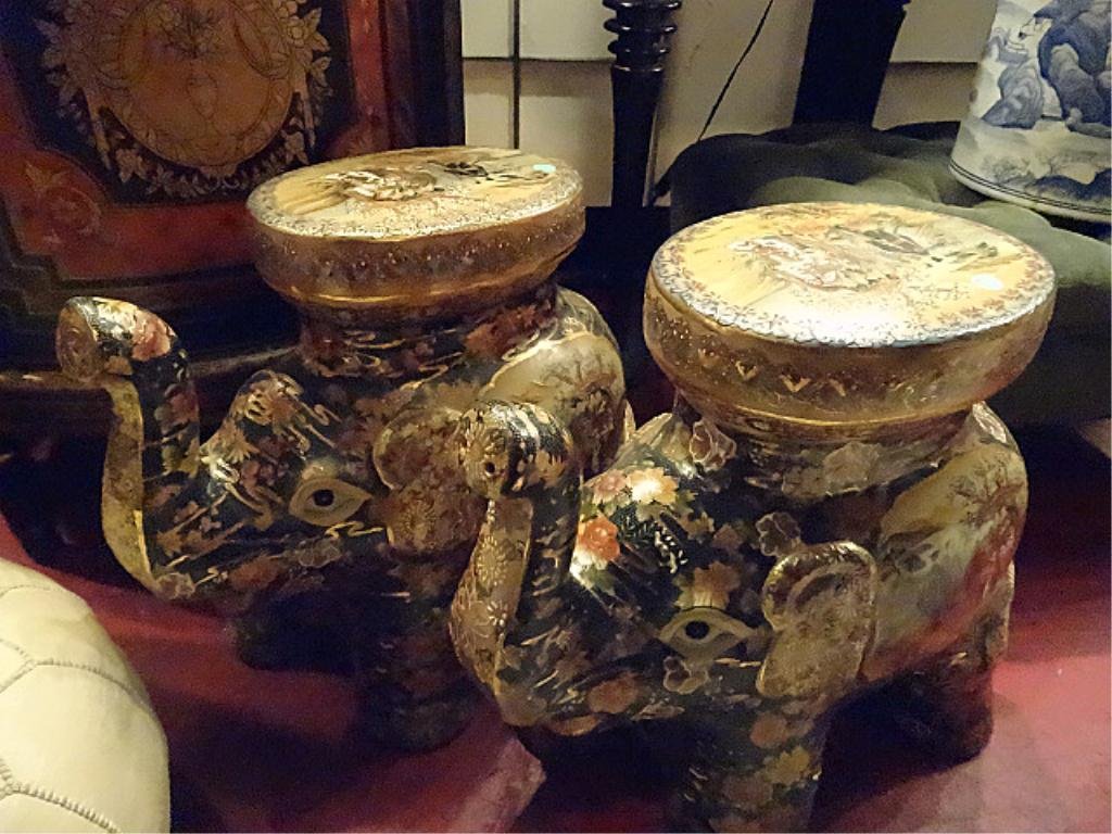 2 SATSUMA STYLE PORCELAIN ELEPHANT GARDEN STOOLS,: 2 SATSUMA STYLE PORCELAIN ELEPHANT GARDEN STOOLS, APPROX 18.5"H, SKU611.21