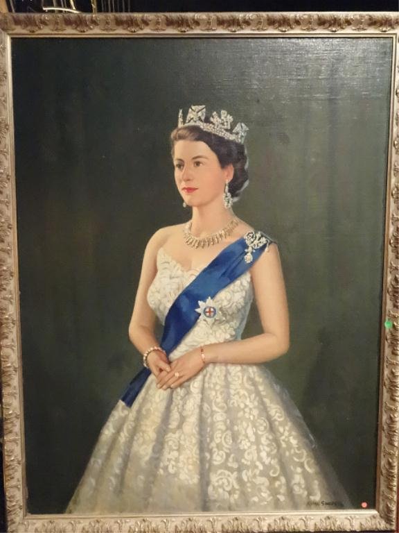 IRVING SINCLAIR SIGNED OIL ON BOARD, QUEEN ELIZABETH II: IRVING SINCLAIR SIGNED OIL ON BOARD, QUEEN ELIZABETH II CORONATION PORTRAIT, SIGNED LOWER RIGHT, 39" X 50", SKU620