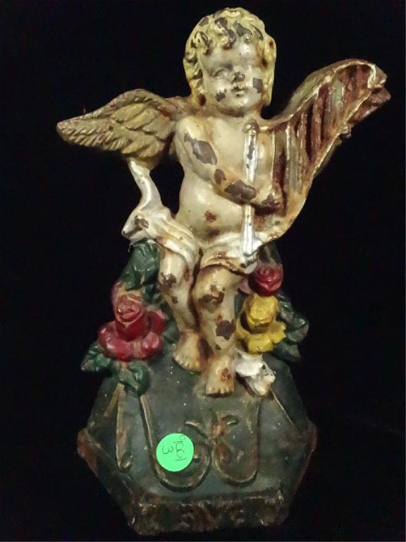 PAINTED VINTAGE METAL ANGEL PLAYING HARP FIGURE, SOME: PAINTED VINTAGE METAL ANGEL PLAYING HARP FIGURE, SOME LOSS OF PAINT, APPROX 9.75"H, SKU9001.03