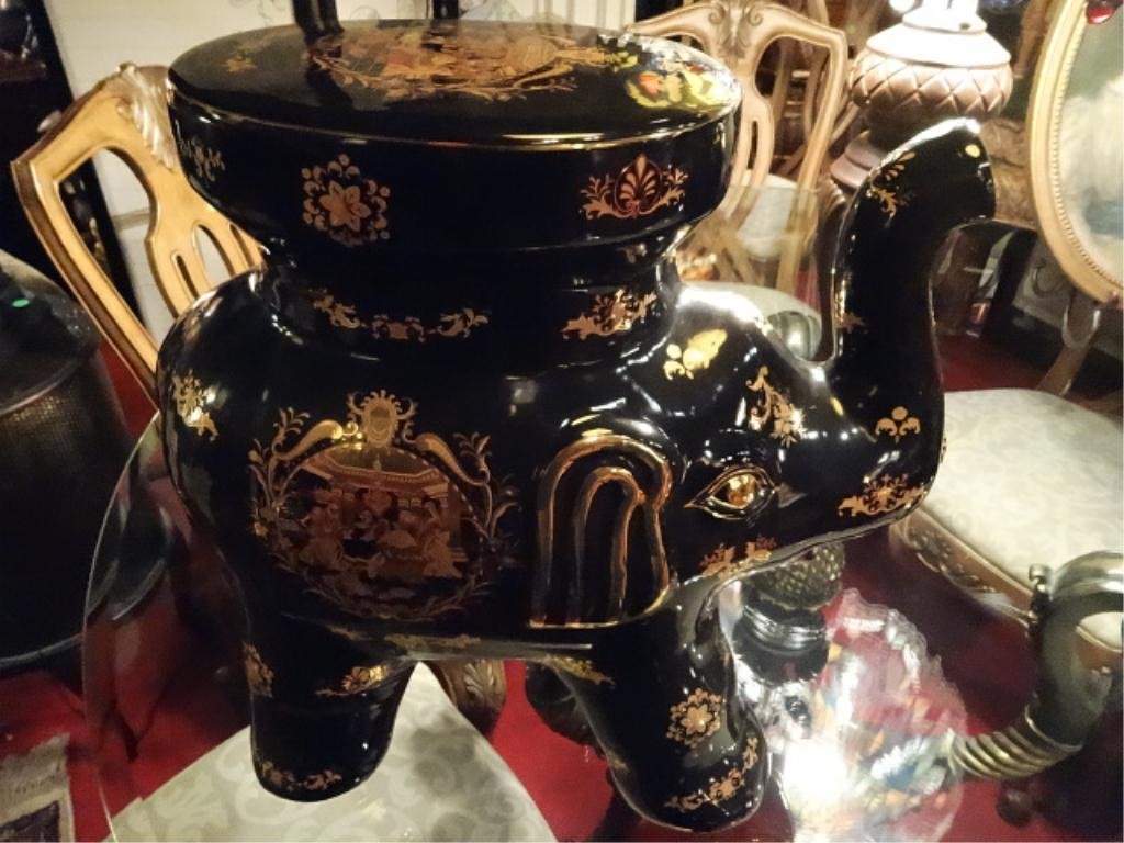 CHINESE PORCELAIN ELEPHANT GARDEN STOOL, GOLD PAINTED: CHINESE PORCELAIN ELEPHANT GARDEN STOOL, GOLD PAINTED FIGURAL DESIGNS, APPROX 25"W