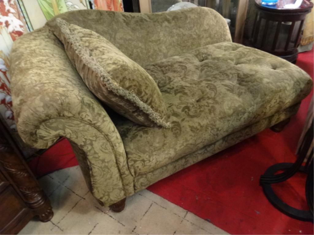 UPHOLSTERED CHAISE WITH TUFTED SEAT, CURVED ARM,: UPHOLSTERED CHAISE WITH TUFTED SEAT, CURVED ARM, TEXTURED CHENILLE UPHOLSTERY, SKU589.06