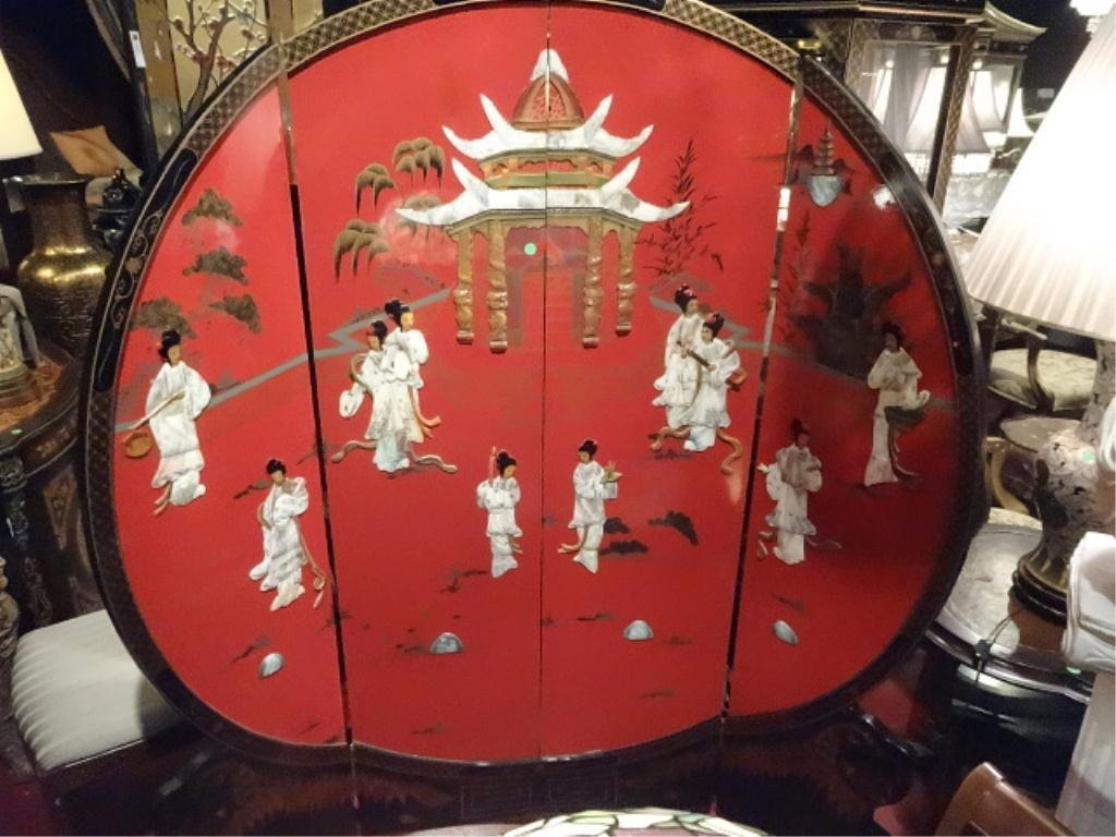 4 PANEL ROUND CHINESE COROMANDEL SCREEN, RED AND BLACK: 4 PANEL ROUND CHINESE COROMANDEL SCREEN, RED AND BLACK WITH STONE PAGODA AND FIGURES, BLACK WITH BAMBOO ON VERSO, APPROX 6'H X 6'W
