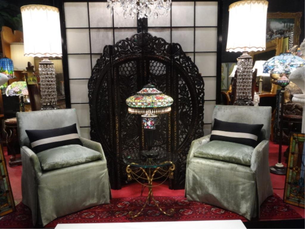 PAIR JOHN SALADINO STYLE ARMCHAIRS, VENETIAN VELVET: PAIR JOHN SALADINO STYLE ARMCHAIRS, VENETIAN VELVET UPHOLSTERY IN CELADON GREEN, EXCELLENT OVERALL CONDITION, ONE SMALL SPOT BEHIND SEAT CUSHION, SKU 588.4