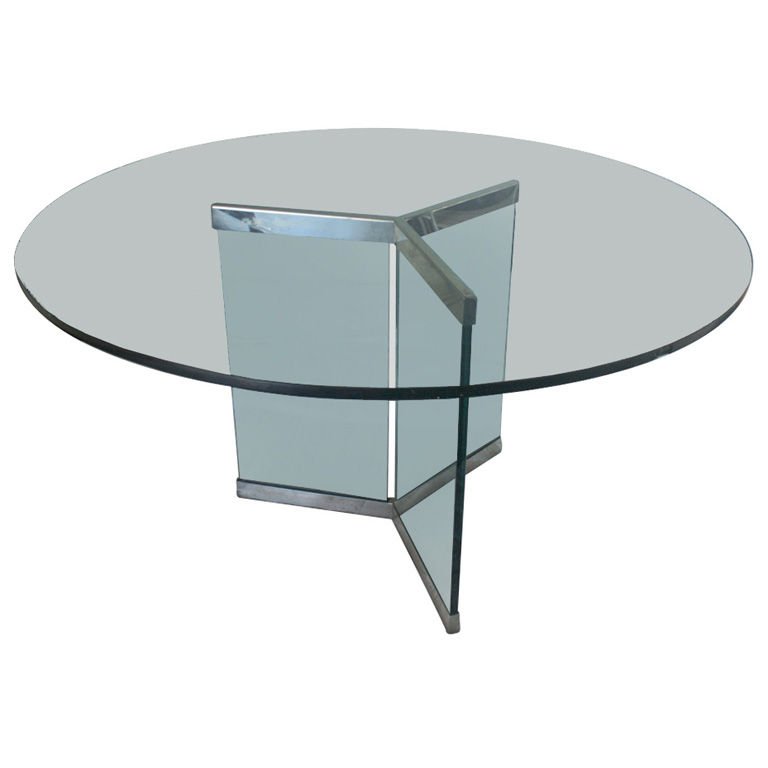 LEON ROSEN PACE COLLECTION GLASS DINING TABLE, CHROME: LEON ROSEN PACE COLLECTION GLASS DINING TABLE, CHROME PATINATED STEEL BASE AND TOP, ROUND GLASS TOP
