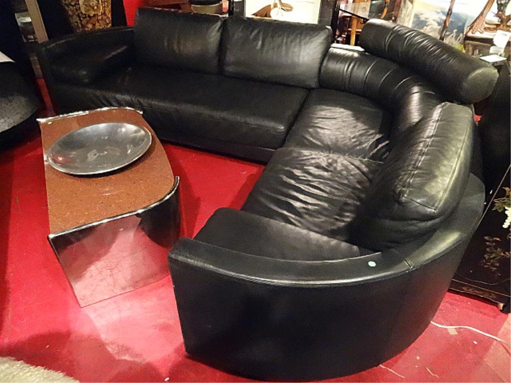 PACE COLLECTION BLACK LEATHER SECTIONAL, CIRCA 1970's,: PACE COLLECTION BLACK LEATHER SECTIONAL, CIRCA 1970's, 2 PC SOFA WITH RIGHT HAND CHAISE, FOR PACE BY i4 MIRIANI, LABELED