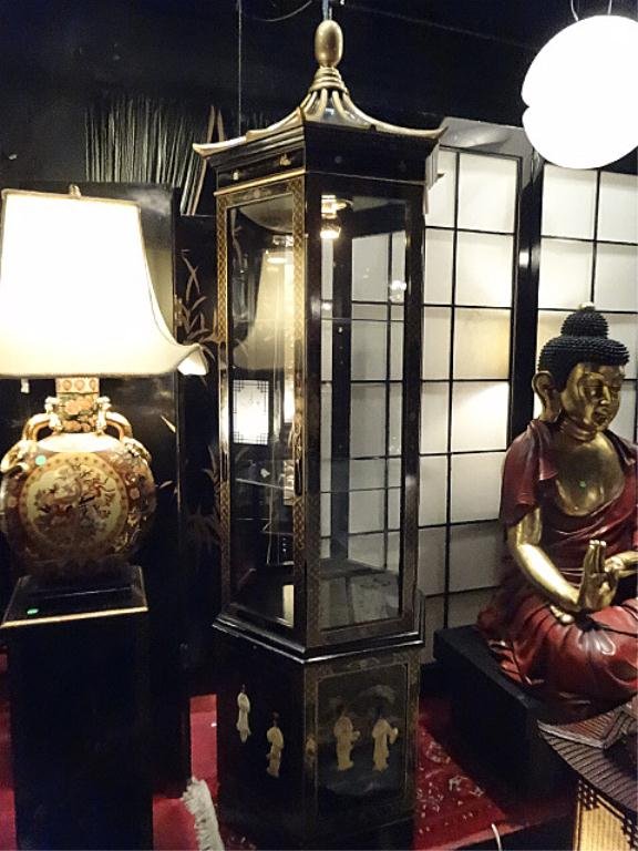 CHINESE PAGODA STYLE LIGHTED DISPLAY CABINET, BLACK AND: CHINESE PAGODA STYLE LIGHTED DISPLAY CABINET, BLACK AND GOLD WITH STONE APPLIQUE FIGURES, LIGHTED INTERIOR, GLASS SHELVES, (#1 OF TWO CABINETS AVAILABLE, EACH SOLD SEPARATELY), APPROX 7'H, SKU611.13