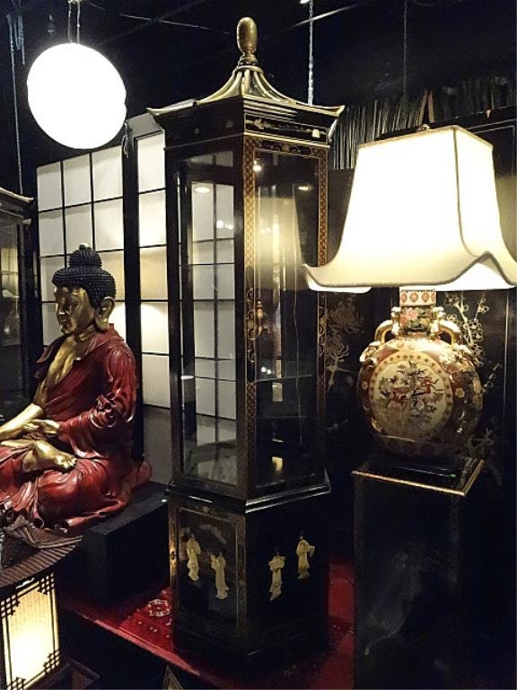 CHINESE PAGODA STYLE LIGHTED DISPLAY CABINET, BLACK AND: CHINESE PAGODA STYLE LIGHTED DISPLAY CABINET, BLACK AND GOLD WITH STONE APPLIQUE FIGURES, LIGHTED INTERIOR, GLASS SHELVES, (#2 OF TWO CABINETS AVAILABLE, EACH SOLD SEPARATELY), APPROX 7'H, SKU611.13