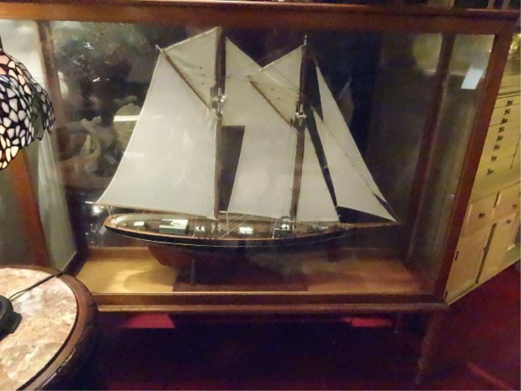 HUGE WOOD SHIP MODEL IN WOODEN CASE, CASE APPROX 55" X: HUGE WOOD SHIP MODEL IN WOODEN CASE, CASE APPROX 55" X 52", SHIP APPROX 39" X 34", SKU581.1