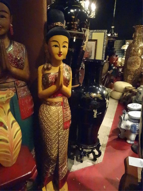 TALL CARVED WOODEN THAI STATUE, WOMAN IN WAI GREETING - Sep 23, 2014