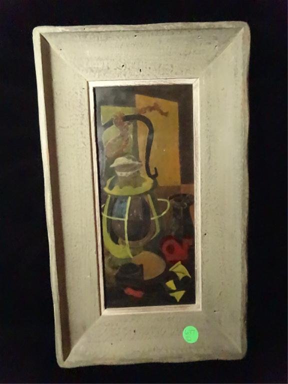 STILL LIFE PAINTING ON BOARD, WPA ERA, WITH BUFFALO NY: STILL LIFE PAINTING ON BOARD, WPA ERA, WITH BUFFALO NY GALLERY STAMP, APPROX 15" X 9" FRAMED, SKU637.24