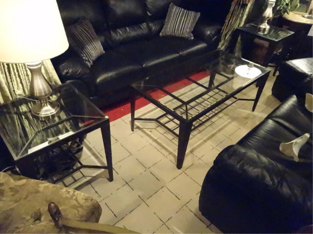 3 PC CONTEMPORARY METAL COFFEE AND END TABLE SET, BLACK: 3 PC CONTEMPORARY METAL COFFEE AND END TABLE SET, BLACK FINISH, GLASS TOPS, SKU598.13