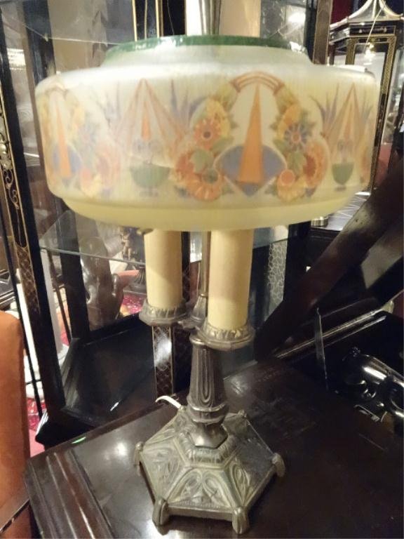 PIERPOINT STYLE REVERSE PAINTED GLASS LAMP, EARLY 20TH: PIERPOINT STYLE REVERSE PAINTED GLASS LAMP, EARLY 20TH CENTURY, OVERALL VERY GOOD CONDITION WITH 2 HAIRLINE CRACKS TO SHADE, APPROX 25"H, SKU637.37