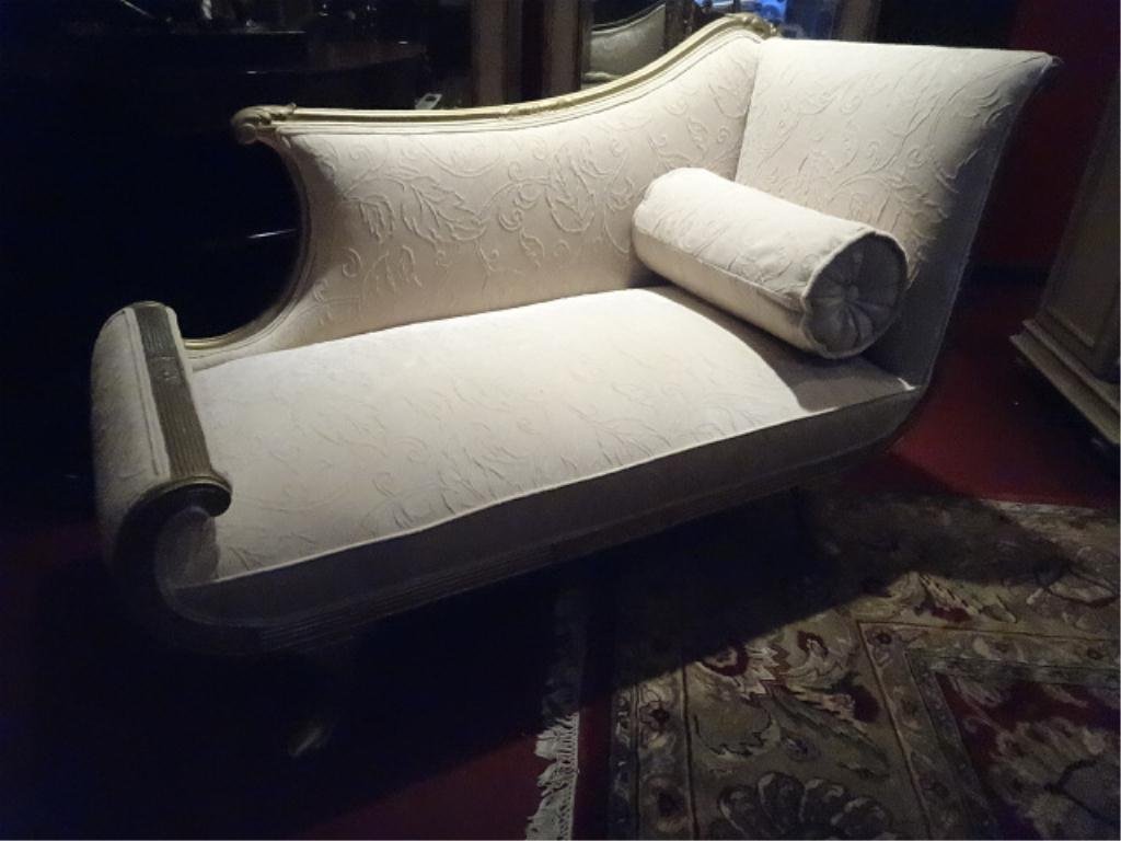 VINTAGE ITALIAN STYLE CHAISE, GOLD FINISH FRAME, WHITE: VINTAGE ITALIAN STYLE CHAISE, GOLD FINISH FRAME, WHITE TEXTURED UPHOLSTERY, BOLSTER PILLOW