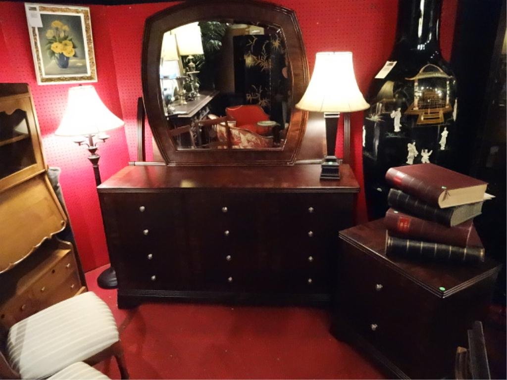 TRANSITIONAL QUEEN BEDROOM SET, DARK FINISH WITH: TRANSITIONAL QUEEN BEDROOM SET, DARK FINISH WITH NICKELFINISH PULLS, INCLUDES QUEEN HEADBOARD, FOOTBOARD, RAILS, SLATS, DRESSER, MIRROR, AND ONE NIGHTSTAND