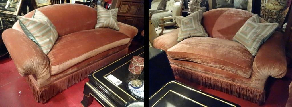 OPULENT VENETIAN VELVET SOFA AND LOVESEAT, BLUSH VELVET: OPULENT VENETIAN VELVET SOFA AND LOVESEAT, BLUSH VELVET WITH DOWN FILLED CUSHIONS, FRINGED BASE, PINK AND GREEN ACCENT PILLOWS, ROLL ARMS, SKU627