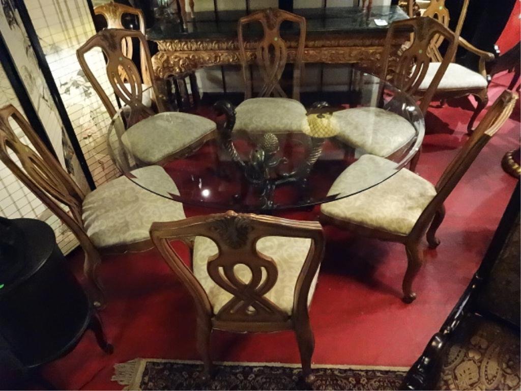 LA BARGE DINING TABLE, ORNATE PATINATED METAL BASE,: LA BARGE DINING TABLE, ORNATE PATINATED METAL BASE, GLASS TOP, WITH 6 HENREDON CHAIRS, (4 MATCHING HENREDON CHAIRS SOLD SEPARATELY), EXCELLENT CONDITION, TABLE HAS LA BARGE LABEL ON BASE, SKU622.11