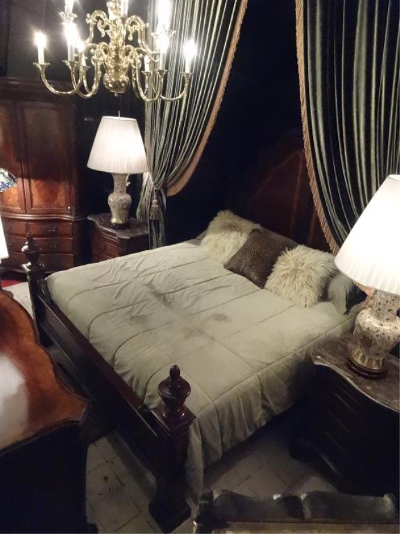 OPULENT FRENCH STYLE KING BEDROOM SET, INCLUDES KING: OPULENT FRENCH STYLE KING BEDROOM SET, INCLUDES KING HEADBOARD, FOOTBOARD, RAILS, SLATS, 2 MARBLE TOP NIGHTSTANDS, DRESSER, AND ARMOIRE