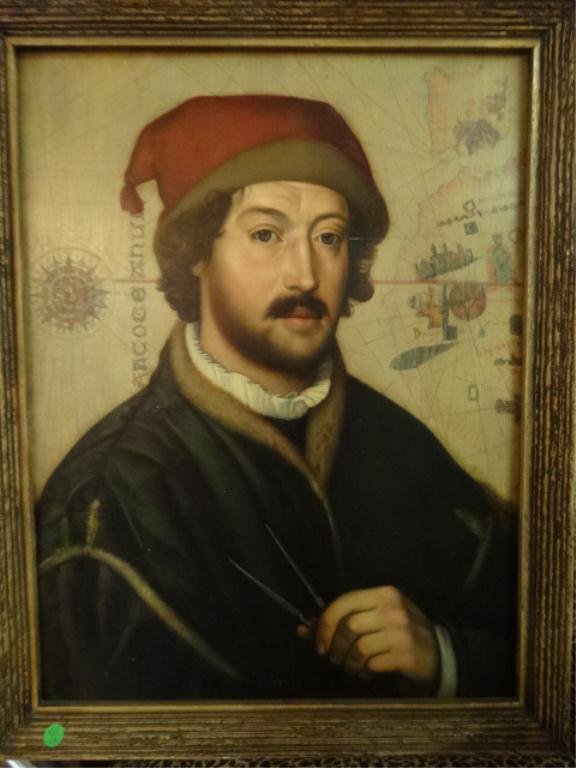 FINE OIL ON BOARD FRANCISCO MARTIN PINZON PORTRAIT,: FINE OIL ON BOARD FRANCISCO MARTIN PINZON PORTRAIT, VINTAGE REPRODUCTION, SAILED WITH COLUMBUS IN 1492, ORIGINAL IN SPANISH MUSEUM, APPROX 27.5" X 21.5" FRAMED, SKU531.17