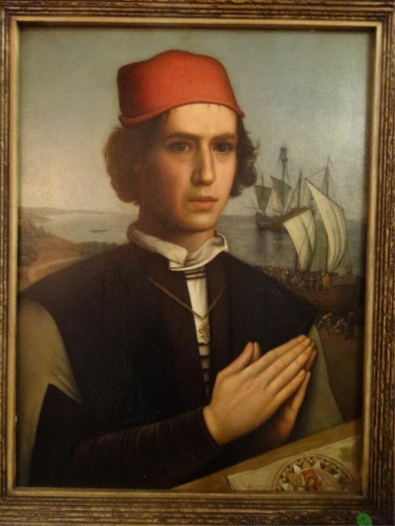 FINE OIL ON BOARD VICENTE YANEZ PINZON PORTRAIT,: FINE OIL ON BOARD VICENTE YANEZ PINZON PORTRAIT, VINTAGE REPRODUCTION, SAILED WITH COLUMBUS IN 1492, ORIGINAL IN SPANISH MUSEUM, APPROX 27.5" X 21.5" FRAMED, SKU531.17