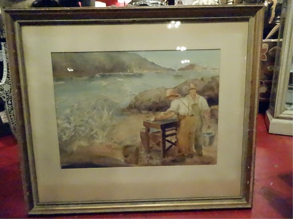 RONALD HOFFMAN WATERCOLOR PAINTING, TWO FISHERMEN,: RONALD HOFFMAN WATERCOLOR PAINTING, TWO FISHERMEN, SIGNED RONALD HOFFMAN, 35.5" X 31.5" FRAMED, SKU581.123