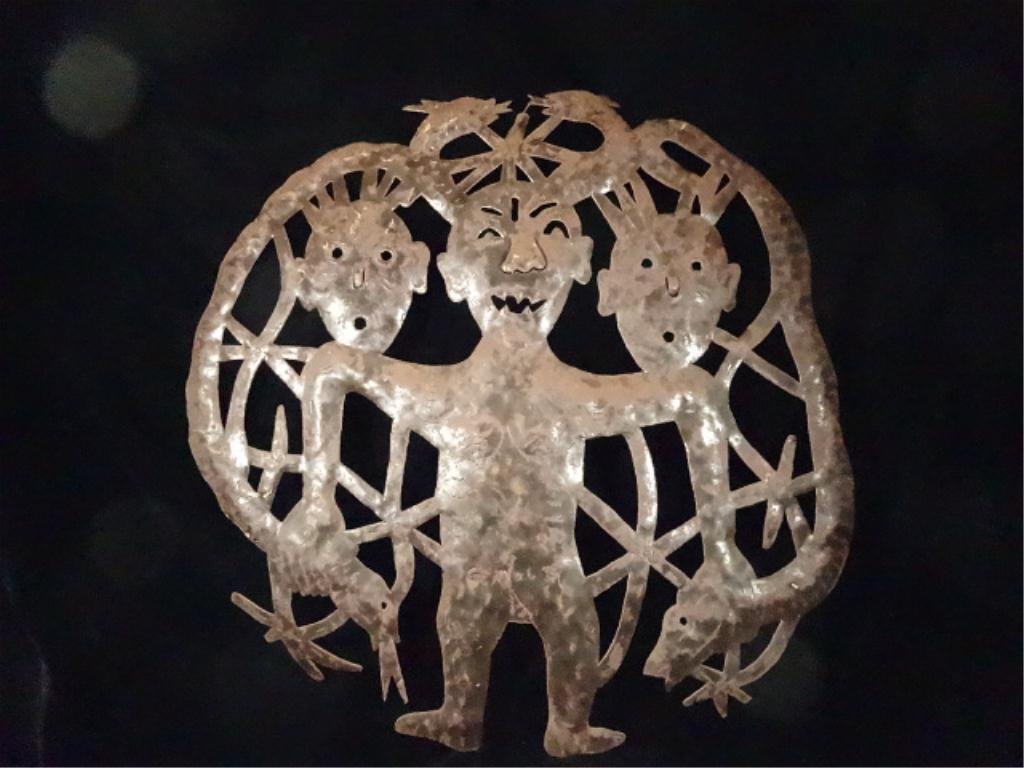 HAITIAN DRUM ART SCULPTURAL METAL, FIGURE WITH SNAKES,: HAITIAN DRUM ART SCULPTURAL METAL, FIGURE WITH SNAKES, SIGNED, ATTRIBUTED TO GERARD BERNARDO, CROIX DES BOUQUETS, HAITI, APPROX 23" X 23", SKU7636.07