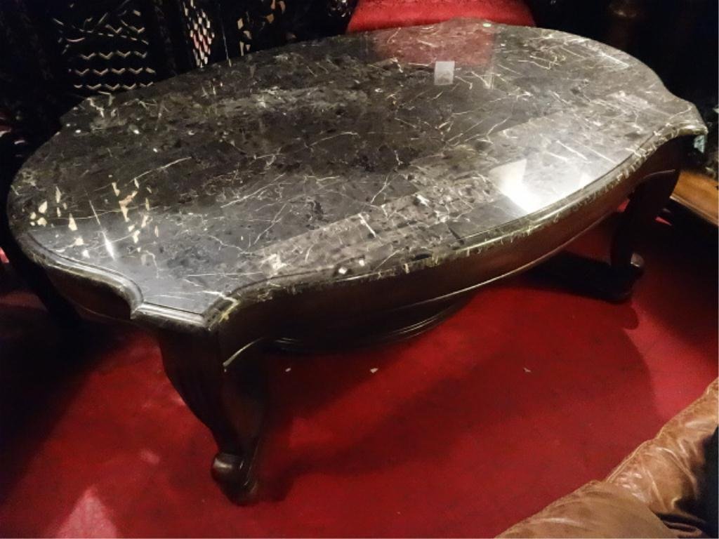 ORNATE WOOD COFFEE TABLE, MARBLE TOP, APPROX 4'W,: ORNATE WOOD COFFEE TABLE, MARBLE TOP, APPROX 4'W, SKU607.02