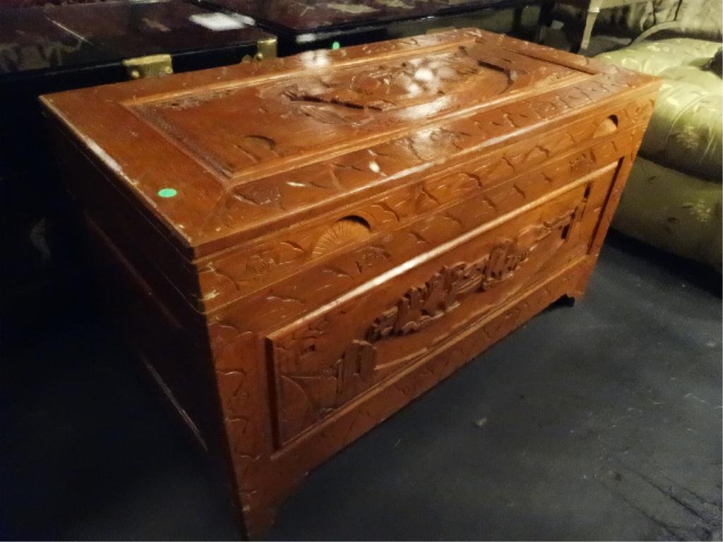 CARVED WOOD CHEST, HARBOR SCENES WITH SAILBOATS, APPROX: CARVED WOOD CHEST, HARBOR SCENES WITH SAILBOATS, APPROX 4'W