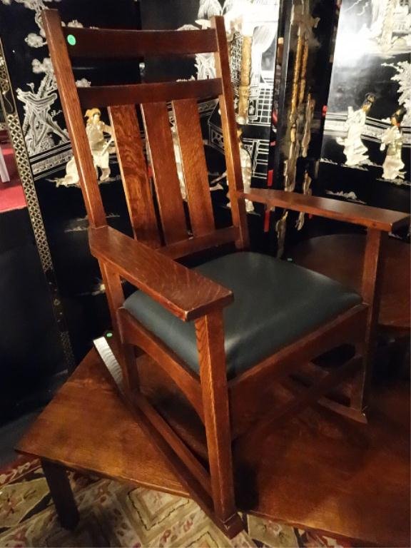 STICKLEY ARTS AND CRAFTS ROCKER, DOUBLE HORIZONTAL RAIL: STICKLEY ARTS AND CRAFTS ROCKER, DOUBLE HORIZONTAL RAIL OVER 5 VERTICAL SLATS, LEATHER SEAT CUSHION, STAMPED AND LABELED STICKLEY, EXCELLENT CONDITION