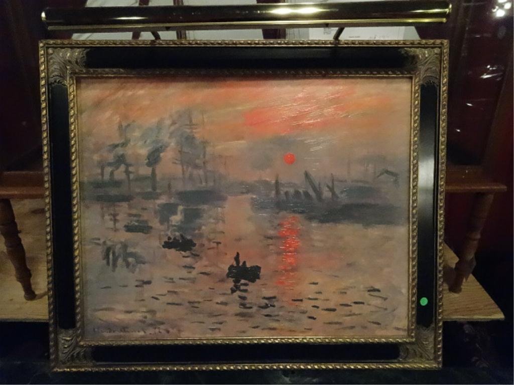 LIMITED EDITION CLAUDE MONET REPRODUCTION, ARTIST: LIMITED EDITION CLAUDE MONET REPRODUCTION, ARTIST ENHANCED GICLEE, "IMPRESSION SUNRISE", LABELED AND NUMBERED 217/485, INCLUDES BRASS LIGHT FIXTURE, APPROX 30" X 42"SKU620