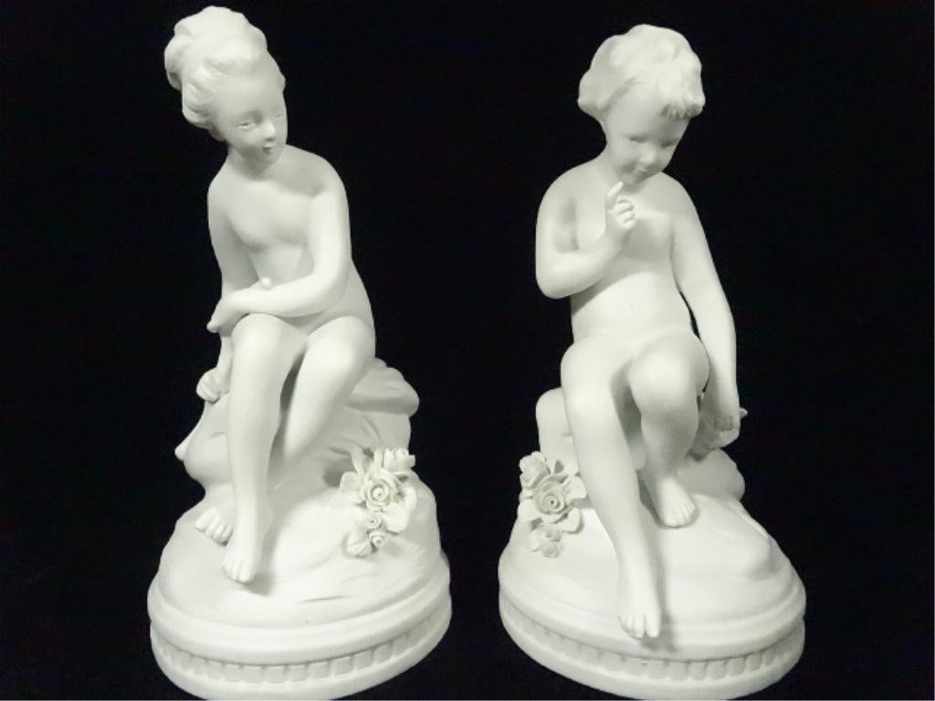 2 FRENCH PARIAN BISQUE PORCELAIN FIGURES, BOY & GIRL,: 2 FRENCH PARIAN BISQUE PORCELAIN FIGURES, BOY & GIRL, APPROX 7.5"H