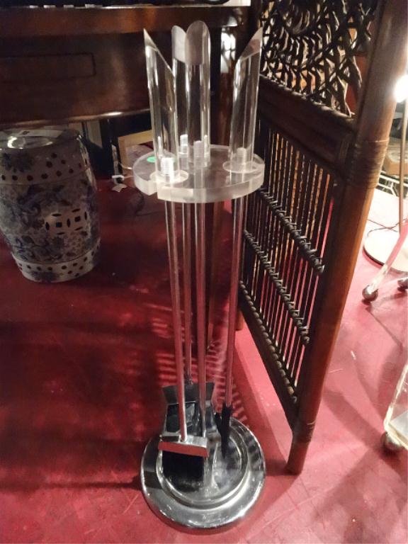 1970's LUCITE AND CHROME FIREPLACE TOOL SET, LUCITE: 1970's LUCITE AND CHROME FIREPLACE TOOL SET, LUCITE HANDLES, CHROME AND LUCITE RACK, APPROX 25"H