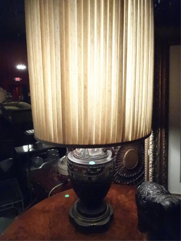 ANTIQUE CHAMPLEVE TABLE LAMP, URN FORM WITH FIGURAL: ANTIQUE CHAMPLEVE TABLE LAMP, URN FORM WITH FIGURAL HANDLES, APPROX 15"H WITHOUT SHADE, SKU672.24