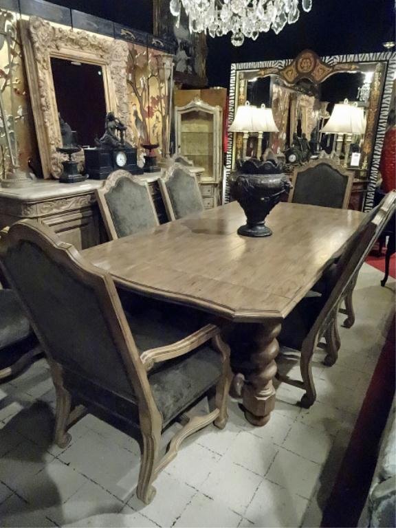 BERNHARDT TUSCAN STYLE DINING TABLE WITH 8 CHAIRS IN: BERNHARDT TUSCAN STYLE DINING TABLE WITH 8 CHAIRS IN SAGE GREEN CHENILLE, LABELED BERNHARDT, MATCHING SIDEBOARD SOLD SEPARATELY, SKU628.04