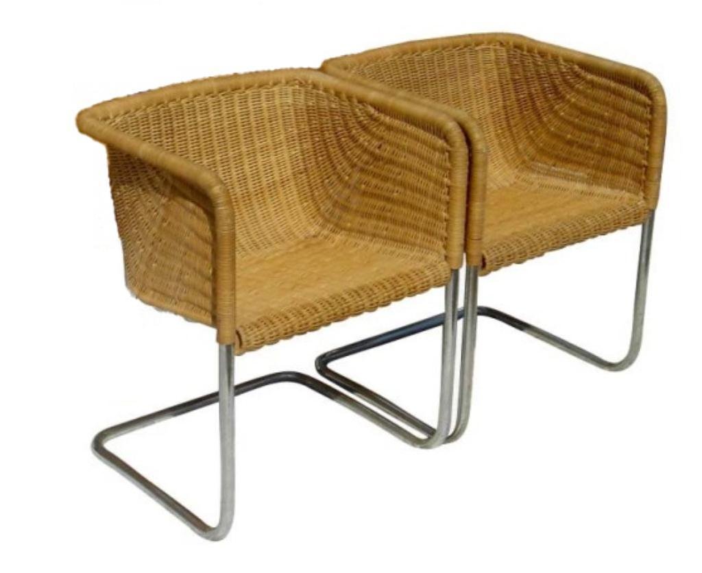 PAIR FABRICUS AND KASTHOLM FOR HARVEY PROBBER CHAIRS,: PAIR FABRICUS AND KASTHOLM FOR HARVEY PROBBER CHAIRS, CANTILEVERED WICKER SEATS OVER TUBULAR CHROME BASES, #1 OF TWO PAIRS AVAILABLE, EACH PAIR SOLD SEPARATELY, 1960's DENMARK DESIGNERS PREBAN FABRICI