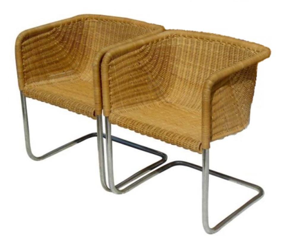 PAIR FABRICUS AND KASTHOLM FOR HARVEY PROBBER CHAIRS,: PAIR FABRICUS AND KASTHOLM FOR HARVEY PROBBER CHAIRS, CANTILEVERED WICKER SEATS OVER TUBULAR CHROME BASES, #2 OF TWO PAIRS AVAILABLE, EACH PAIR SOLD SEPARATELY, 1960's DENMARK, DESIGNERS PREBAN FABRIC
