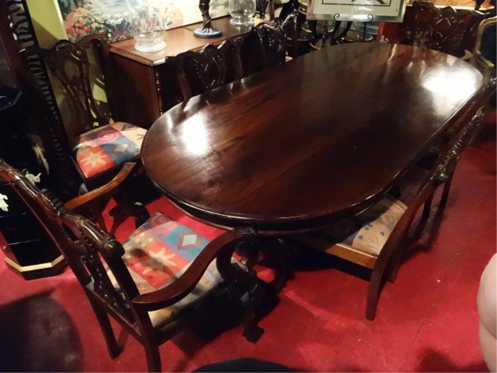 CHIPPENDALE STYLE OVAL DINING TABLE, DUAL PEDESTAL,: CHIPPENDALE STYLE OVAL DINING TABLE, DUAL PEDESTAL, WITH 8 CHAIRS (2 ARMCHAIRS, 6 SIDE CHAIRS), ONE PIECE OVAL TOP, VERY GOOD CONDITION WITH MINIMAL WEAR, APPROX 8'W, SKU7655.05