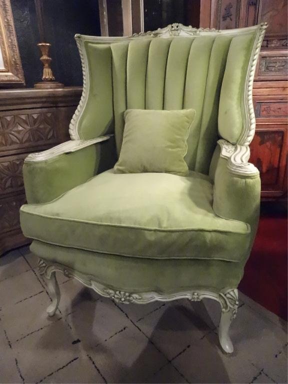 FRENCH STYLE VELVET WINGBACK CHAIR, CHANNEL BACK, WHITE: FRENCH STYLE VELVET WINGBACK CHAIR, CHANNEL BACK, WHITE FINISH CARVED BASE WITH GREEN ACCENTS, MATCHING VANITY STOOL SOLD SEPARATELY