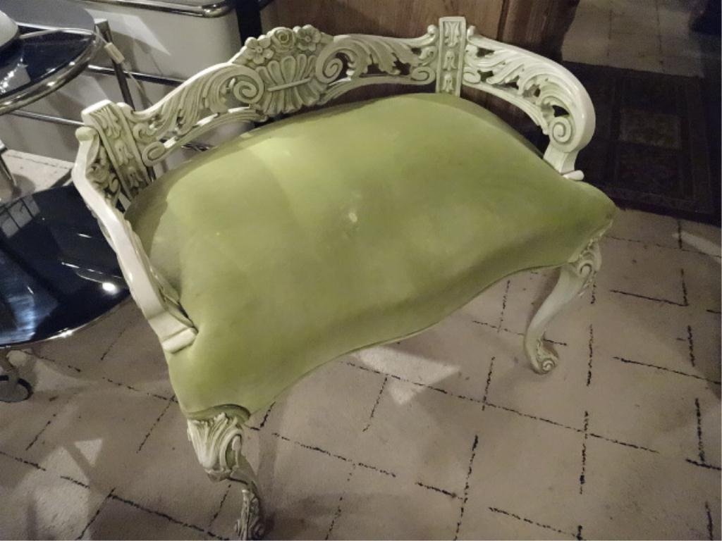 FRENCH STYLE VELVET VANITY STOOL, WHITE FINISH CARVED: FRENCH STYLE VELVET VANITY STOOL, WHITE FINISH CARVED BASE WITH GREEN ACCENTS, MATCHING WINGBACK ARMCHAIR SOLD SEPARATELY